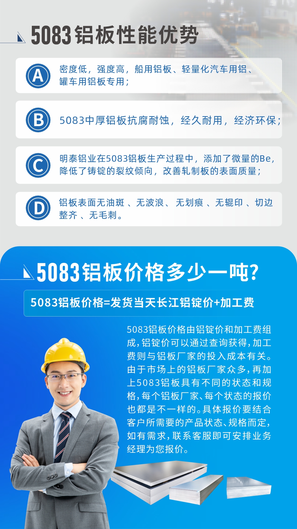 5083鋁板性能優勢:1、密度低，強度高，船用鋁板、輕量化汽車用鋁、罐車用鋁板專用；2、5083中厚鋁板抗腐耐蝕，經久耐用，經濟環保；3、明泰鋁業在5083鋁板生產過程中，添加了微量的Be，降低了鑄錠的裂紋傾向，改善軋制板的表面質量；4、鋁板表面無油斑 、無波浪、 無劃痕 、無輥印 、切邊整齊 、無毛刺。
5083鋁板價格信息:5083鋁板價格由鋁錠價和加工費組成，鋁錠價可以通過查詢獲得，加工費則與鋁板廠家的投入成本有關。由于市場上的鋁板廠家眾多，再加上5083鋁板具有不同的狀態和規格，每個鋁板廠家、每個狀態的報價也都是不一樣的。具體報價要結合客戶所需要的產品狀態、規格而定，如有需求，聯系客服即可安排業務經理為您報價。
5083鋁板價格=發貨當天長江鋁錠價+加工費。
5083鋁板廠家:河南明泰鋁業生產5083鋁合金薄板、5083熱鋁板、5083中厚鋁板、5083船用鋁板、5083花紋鋁板等等，按需定制生產，規格齊全，歡迎來廠考察參觀，更多相關產品詳細信息和優惠報價，可點擊右側在線咨詢，也可撥打咨詢電話：快速獲取!